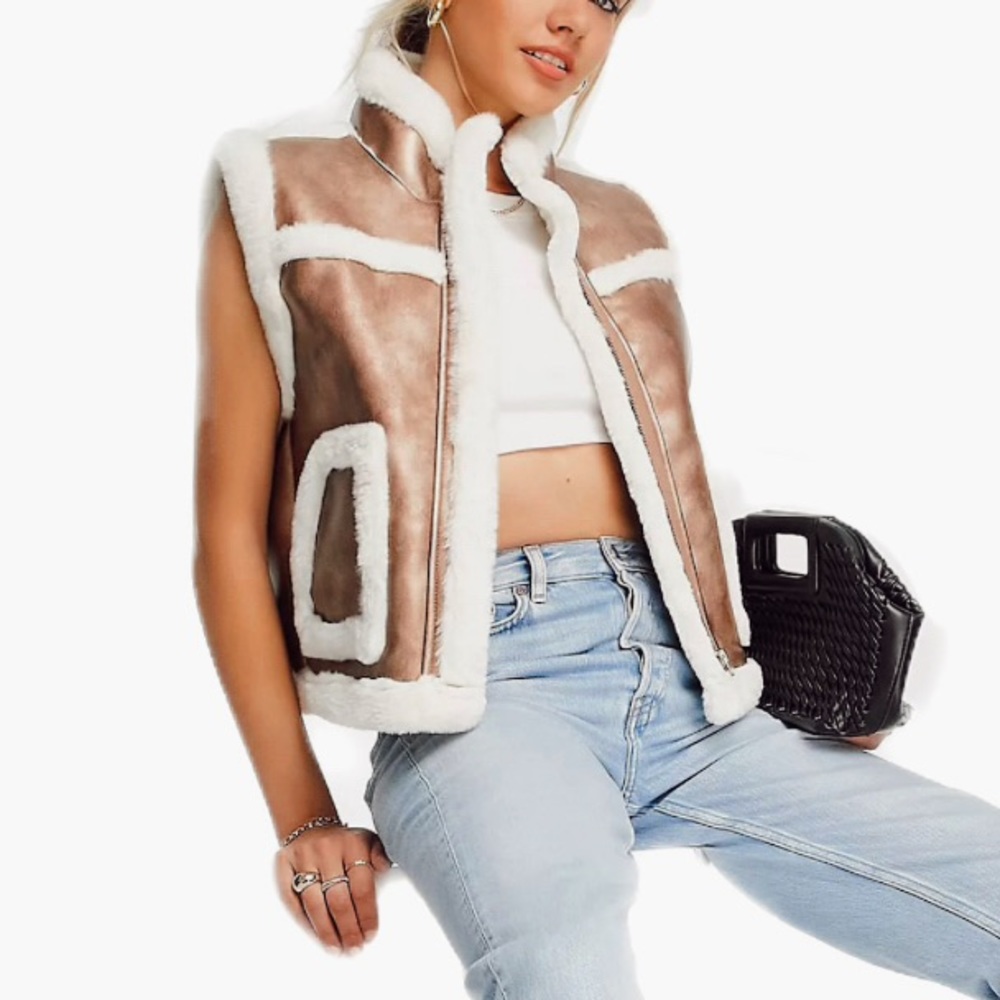 French Connection cropped vest in bronze with faux fur trim